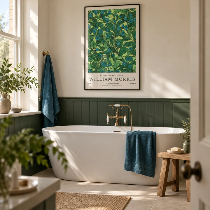 Green Wall Art for Living Room, framed on the wall of a calm bathroom in a renovated British terrace with warm ivory walls