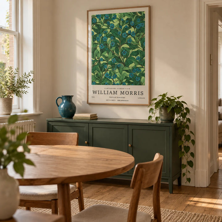 Green Wall Art for Living Room, framed on the wall of a compact dining room in a characterful UK flat with pale beige walls and an oak floor