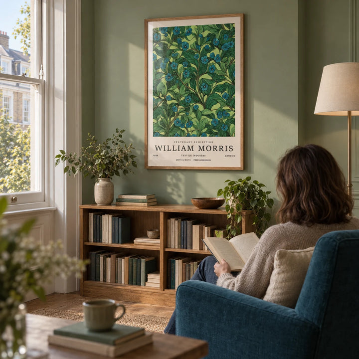 Green Wall Art for Living Room, framed on the wall of a quiet reading corner beside a sash-window bay in a UK period flat with muted green walls