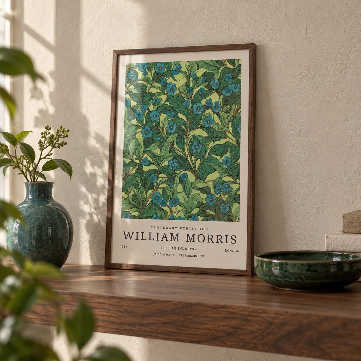 Green Wall Art for Living Room, a small A4 framed print leaning on a walnut shelf