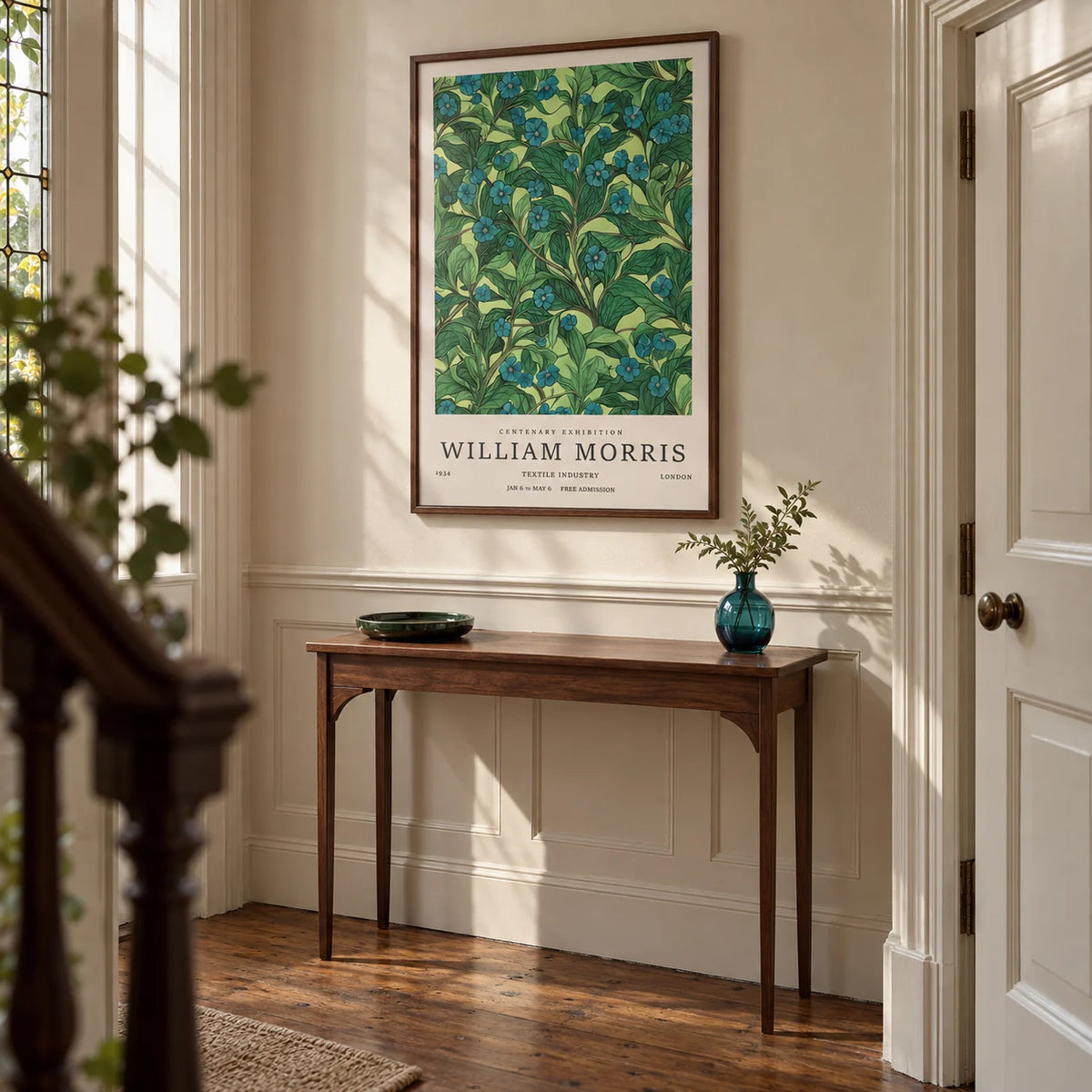 Green Wall Art for Living Room, framed on the wall of a welcoming hallway in an Edwardian house with pale beige plaster walls