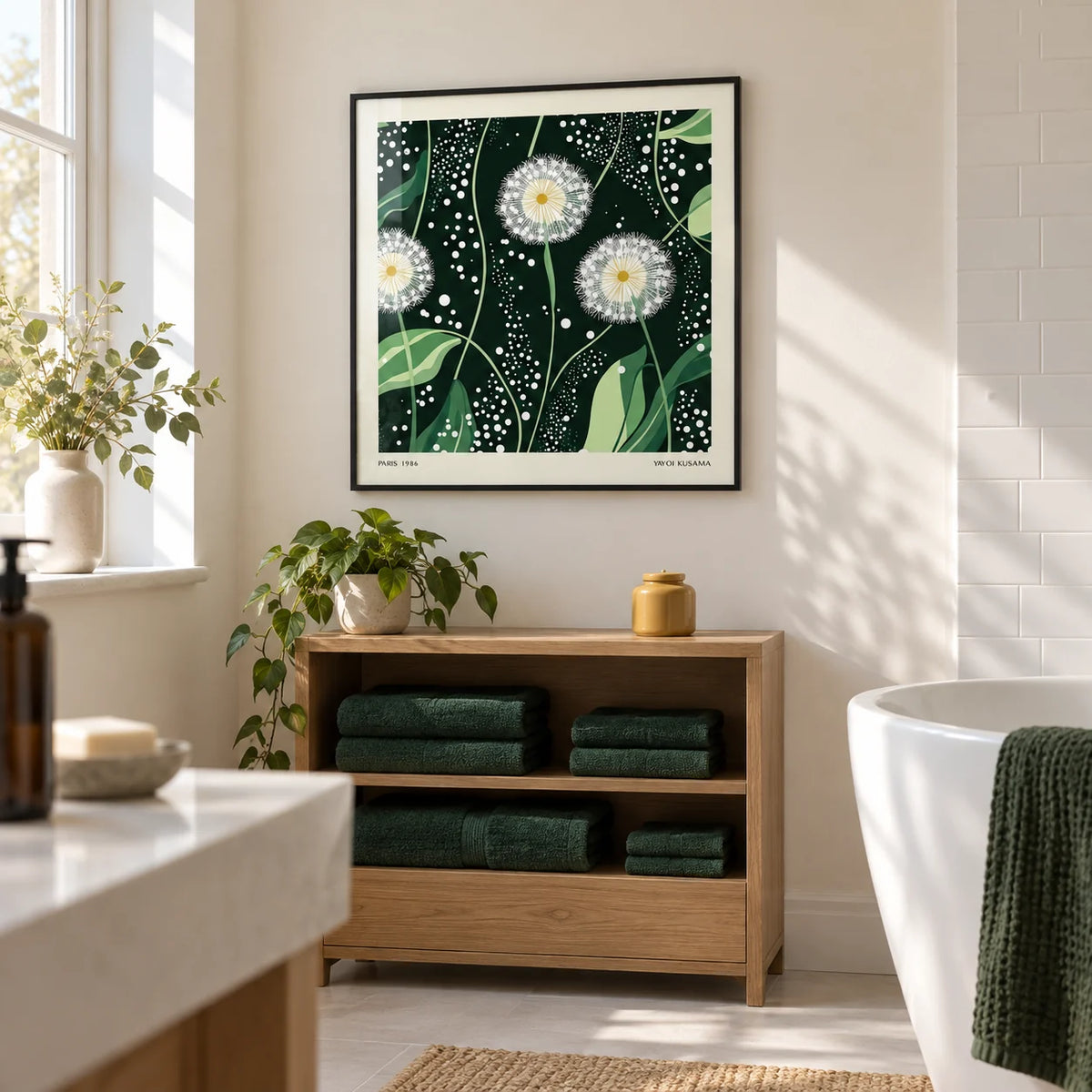 Green Wall Decor, framed on the wall of a bright bathroom in a renovated UK terrace with warm white walls and plain white tiles
