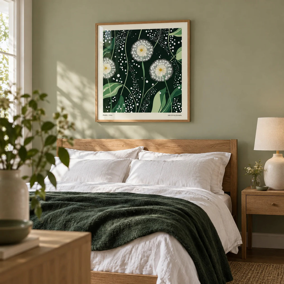 Green Wall Decor, framed on the wall of a calm botanical bedroom with a pale sage wall and natural oak furniture