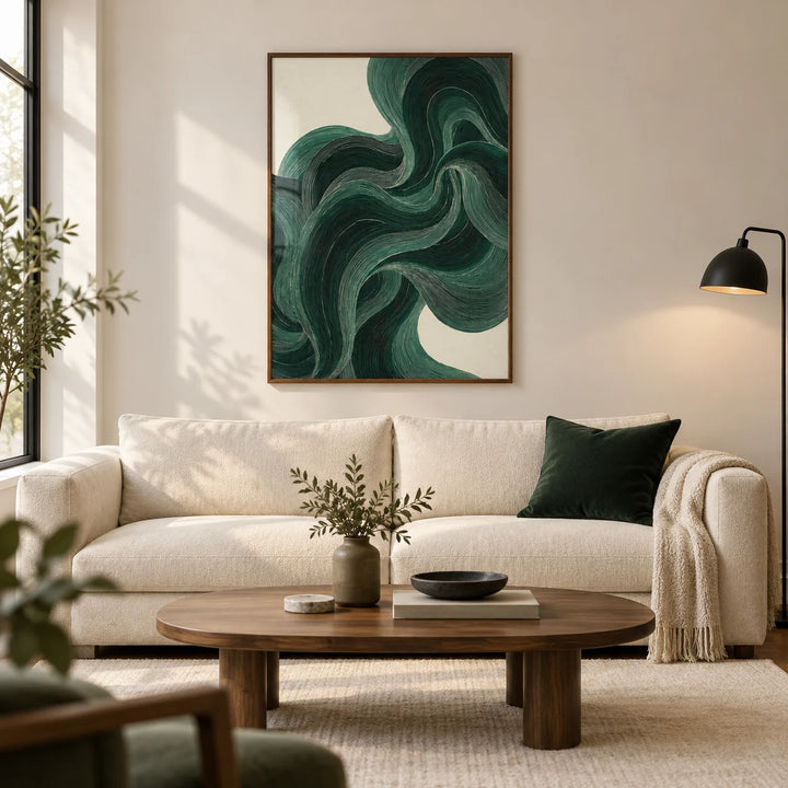 Wavy Poster, framed on the wall of a contemporary living room in a UK city flat with warm white walls and walnut flooring