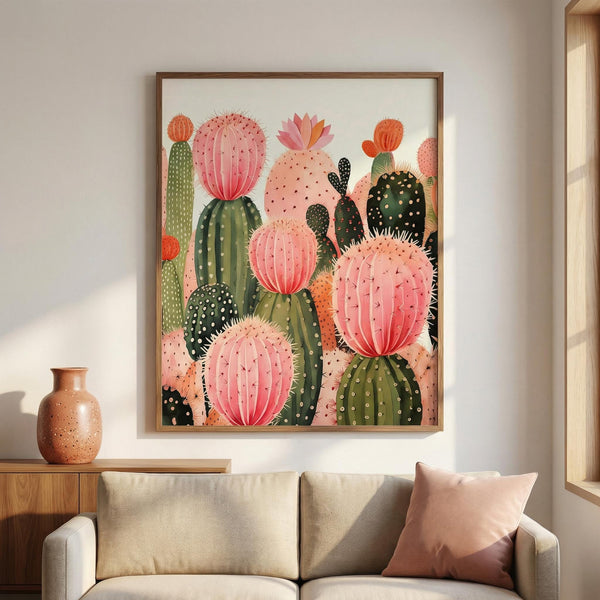 Framed artwork of pink and green cacti on a wall above a sofa.