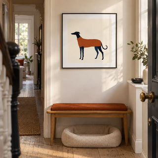 Greyhound Art Print, framed on the wall of a welcoming narrow hallway in a Victorian terrace with warm white walls and a pale timber floor
