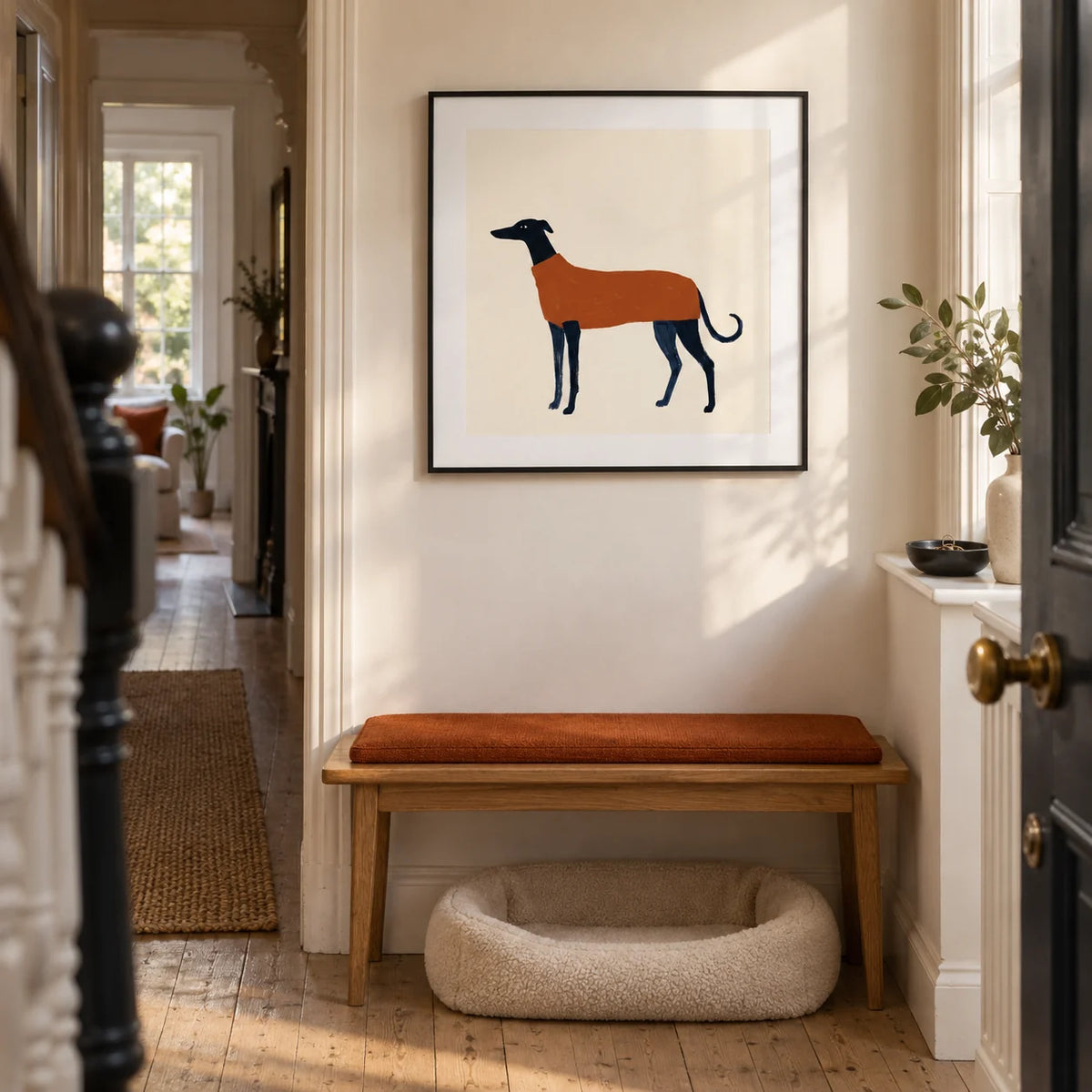 Greyhound Art Print, framed on the wall of a welcoming narrow hallway in a Victorian terrace with warm white walls and a pale timber floor