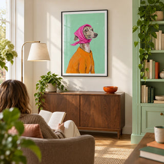 Greyhound Poster, framed on the wall of a bright home study in a UK home with warm white walls and a mint green bookcase