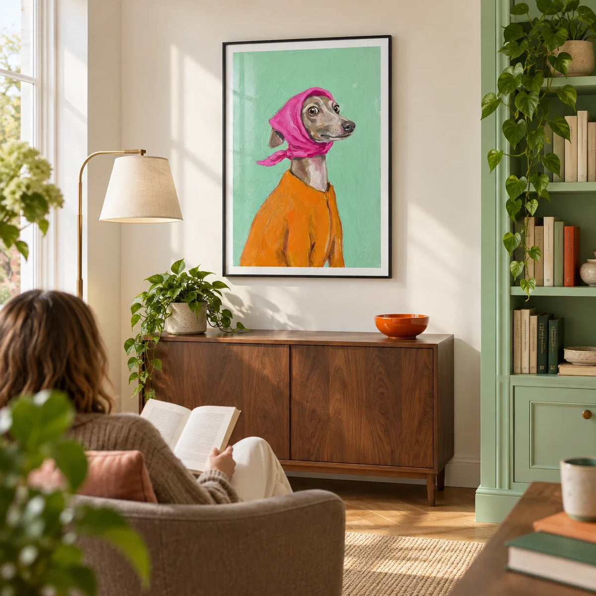 Greyhound Poster, framed on the wall of a bright home study in a UK home with warm white walls and a mint green bookcase