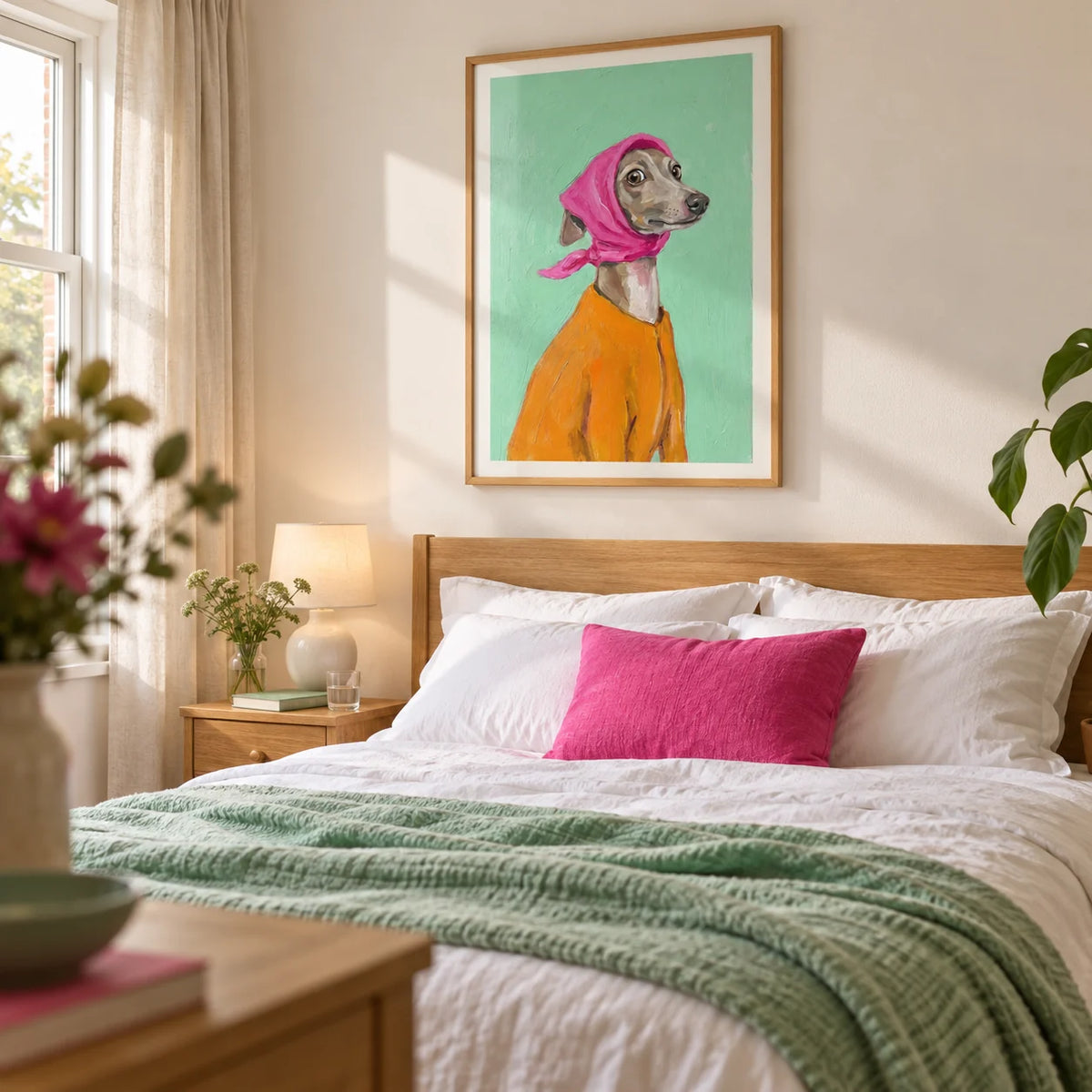 Greyhound Poster, framed on the wall of a cheerful adult bedroom in a UK flat with warm white walls