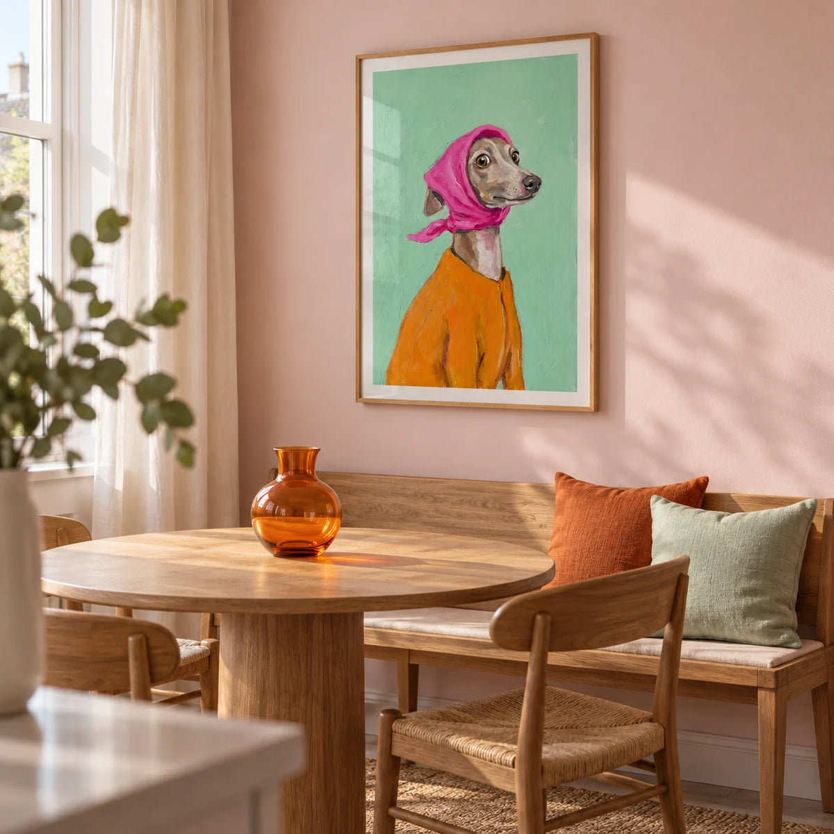 Greyhound Poster, framed on the wall of a contemporary dining corner in a UK flat with pale pink walls