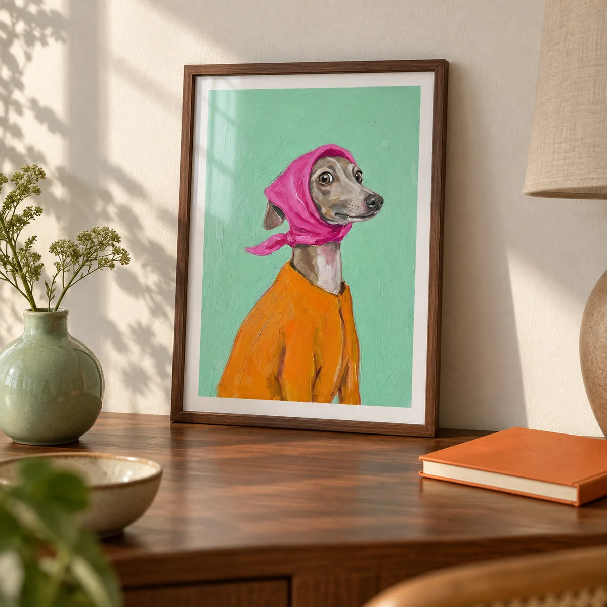 Greyhound Poster, a small A4 framed print leaning on a walnut desk