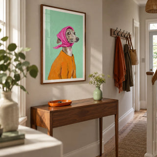Greyhound Poster, framed on the wall of a welcoming hallway in a UK terraced home with pale warm grey walls and simple timber floorboards