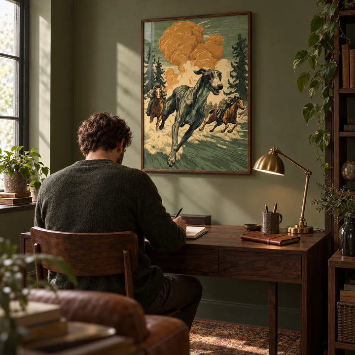 Greyhound Racing Wall Art, framed on the wall of a characterful home study with an olive green wall