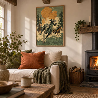 Greyhound Racing Wall Art, framed on the wall of a cosy cottage living room with a cream wall and exposed beams
