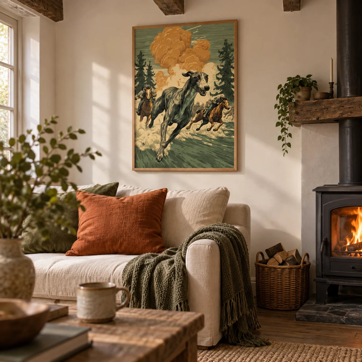 Greyhound Racing Wall Art, framed on the wall of a cosy cottage living room with a cream wall and exposed beams