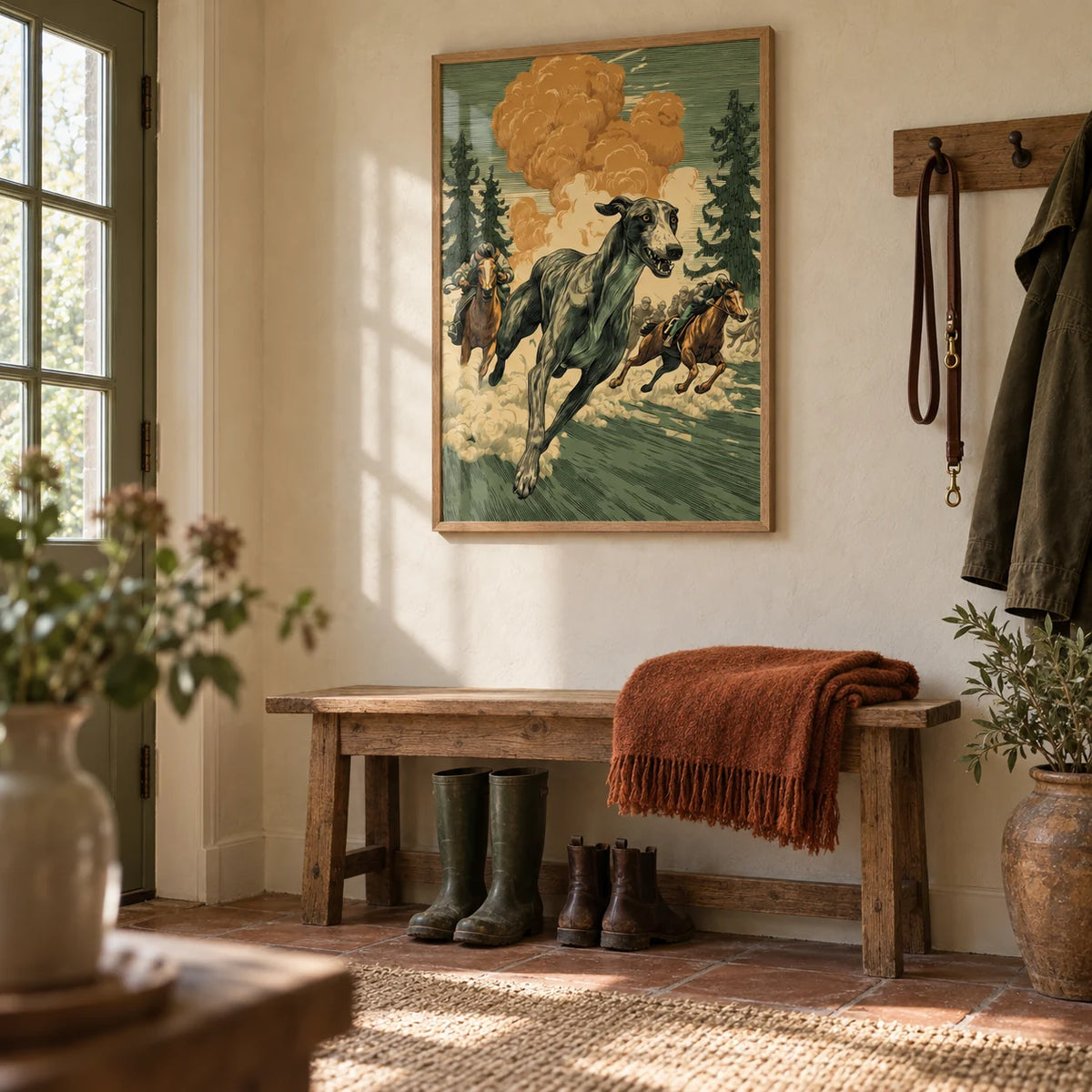 Greyhound Racing Wall Art, framed on the wall of a country boot room hallway with a cream limewashed wall and a terracotta tiled floor in plain tiles