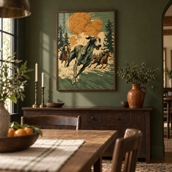 Greyhound Racing Wall Art, framed on the wall of a country dining room with a dark olive green painted wall
