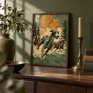 Greyhound Racing Wall Art, a small A4 framed print leaning on a dark wood sideboard in a living room