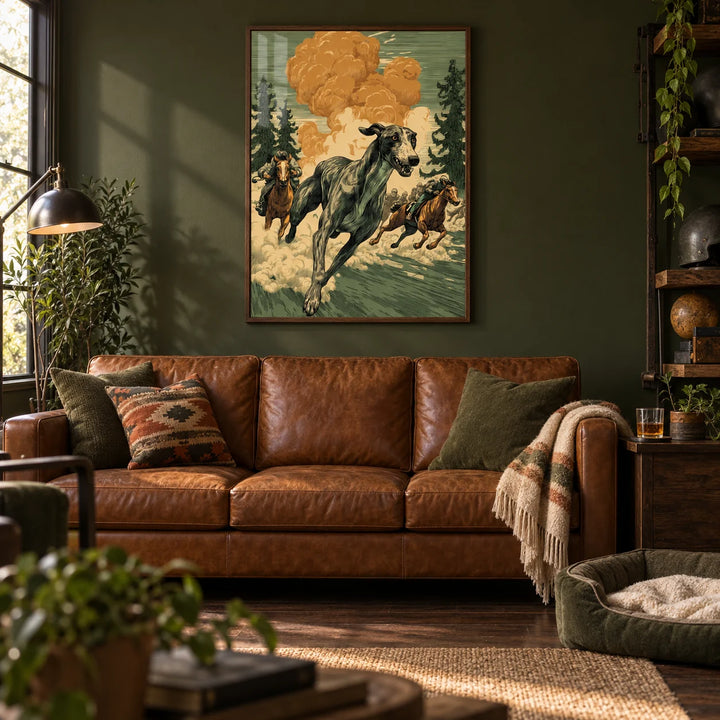 Greyhound Racing Wall Art, framed on the wall of a warm man cave in a converted garage with a deep olive green painted wall and a dark wood floor in a bedroom
