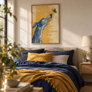Greyhound Wall Art, framed on the wall of a calm bedroom