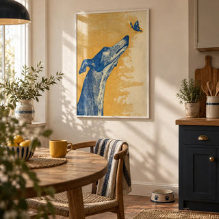 Greyhound Wall Art, framed on the wall of a cosy kitchen