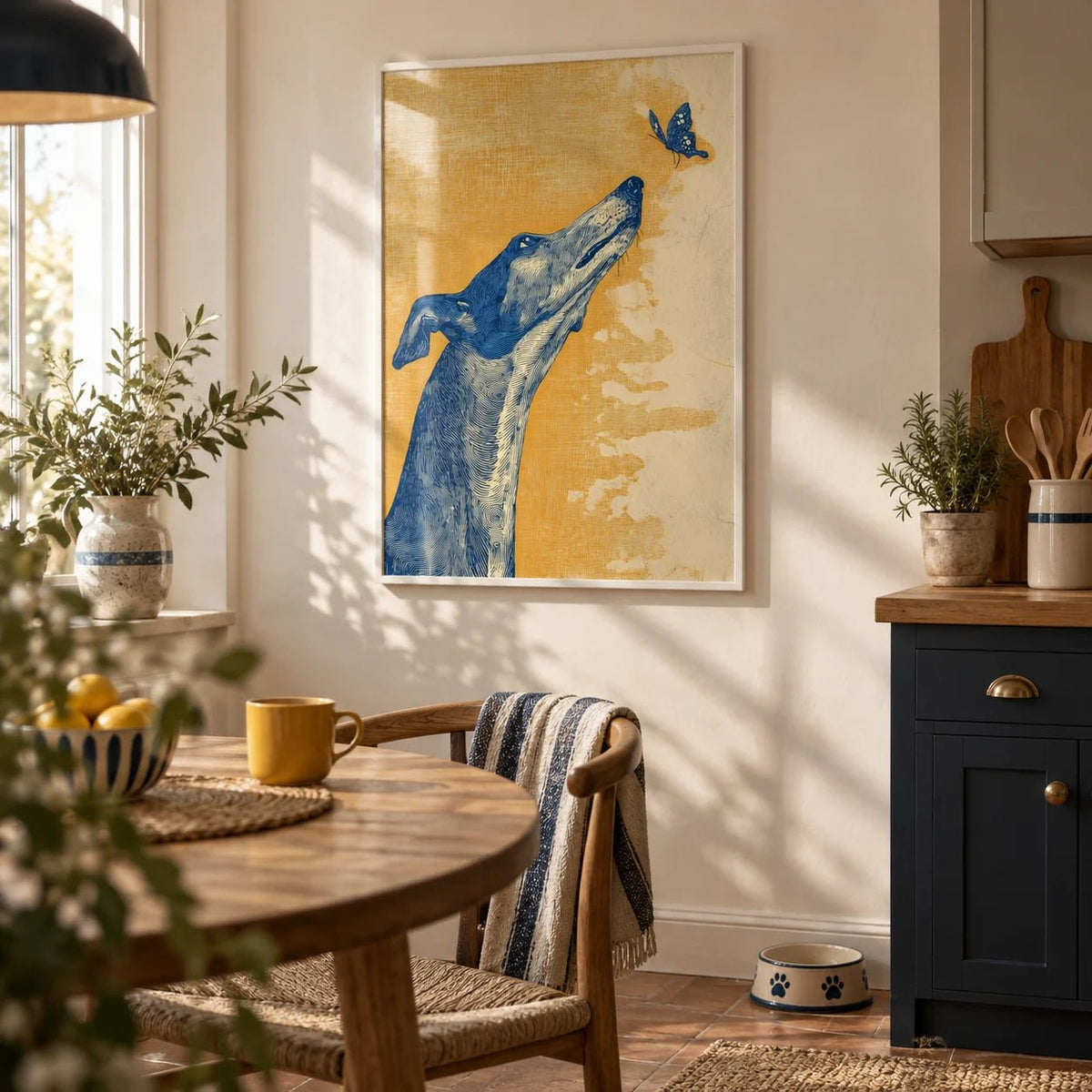 Greyhound Wall Art, framed on the wall of a cosy kitchen