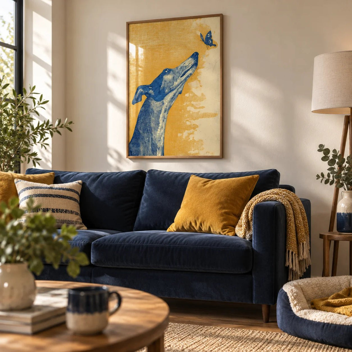 Greyhound Wall Art, framed on the wall of a cosy living room