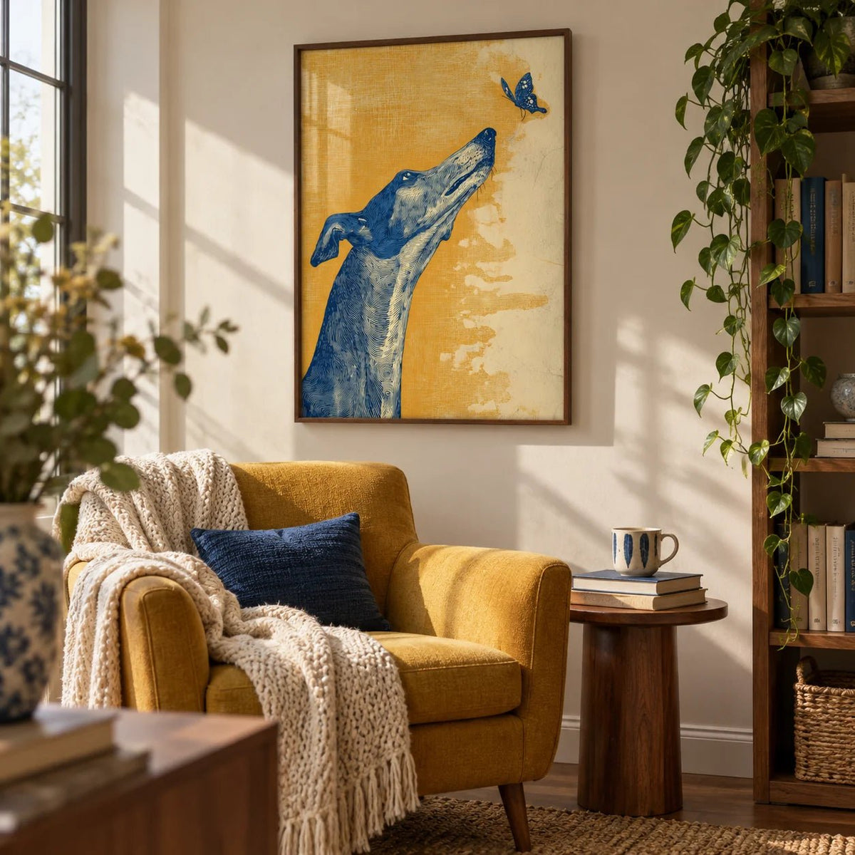 Greyhound Wall Art, framed on the wall of a reading corner in a living room