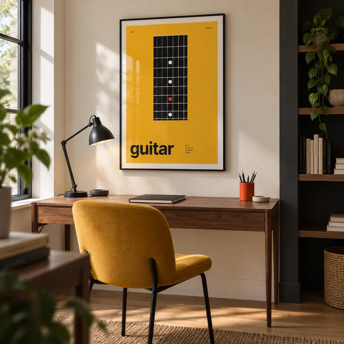 Guitar Poster, framed on the wall of a compact creative home study with a cream wall and a charcoal painted alcove