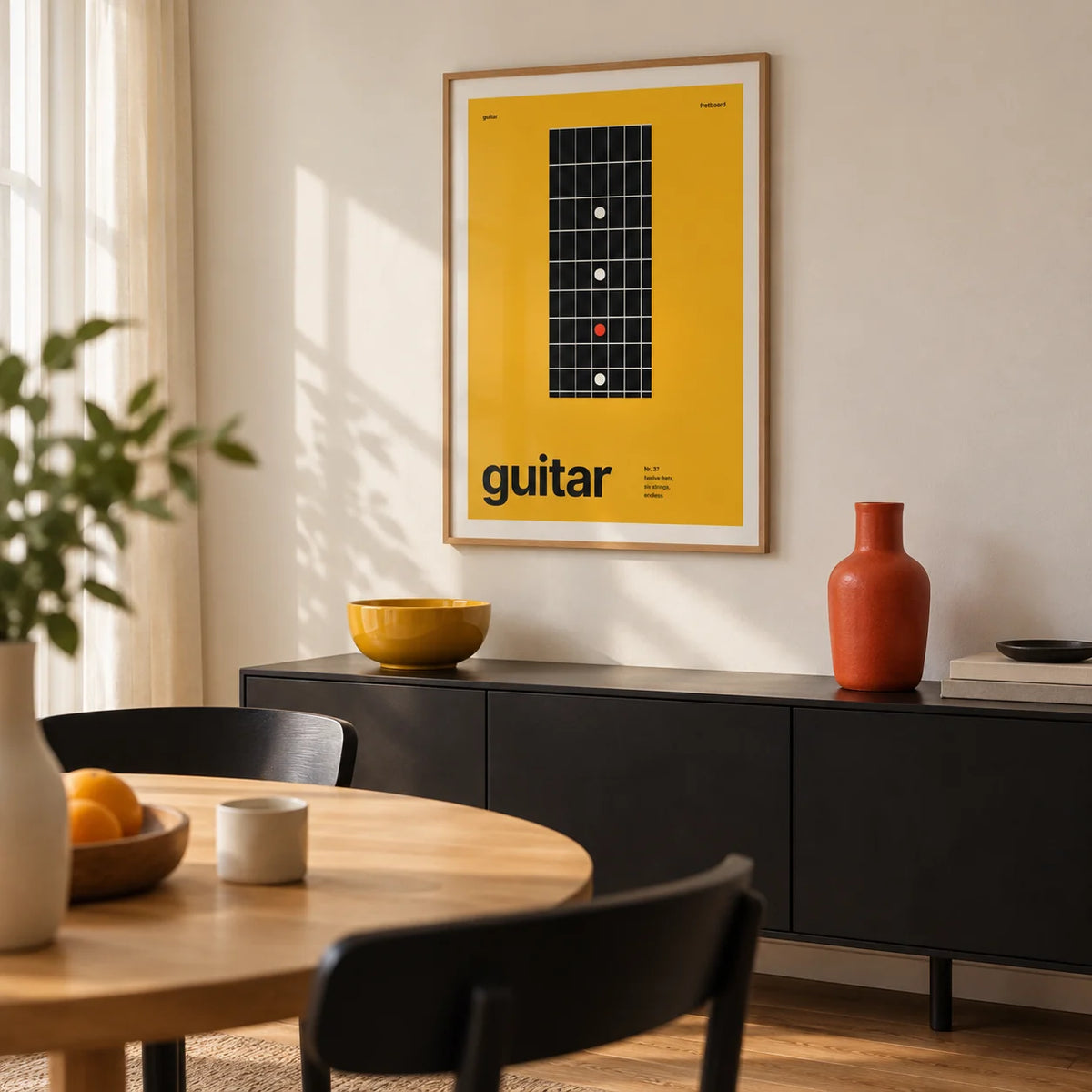 Guitar Poster, framed on the wall of a crisp modern dining nook in a UK city flat with a warm white wall