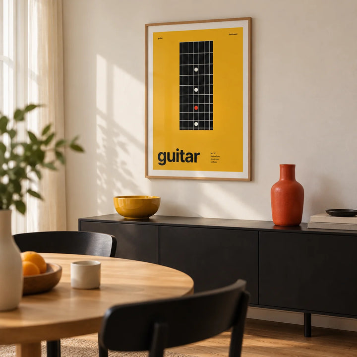 Guitar Poster, framed on the wall of a crisp modern dining nook in a UK city flat with a warm white wall