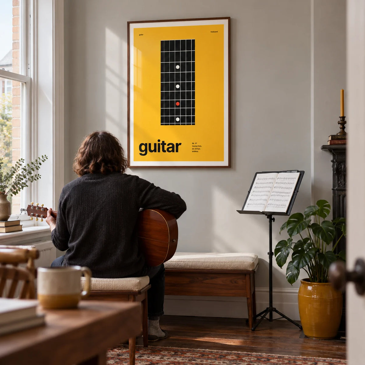 Guitar Poster, framed on the wall of a dedicated music practice corner in a Victorian terrace with a pale grey wall