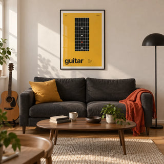 Guitar Poster, framed on the wall of a modern living room in a UK first flat (22-28) with a warm white wall and oak floor