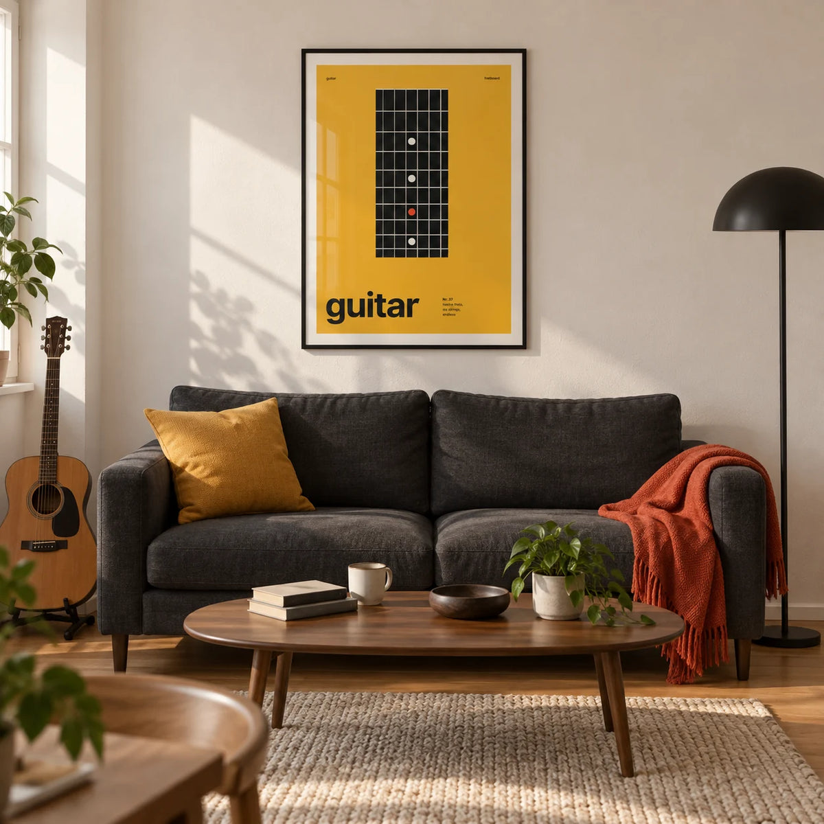 Guitar Poster, framed on the wall of a modern living room in a UK first flat (22-28) with a warm white wall and oak floor