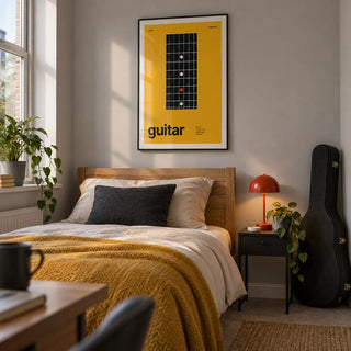 Guitar Poster, framed on the wall of a young adult guitarist's single bedroom (18-25) in a UK shared house with a pale grey wall