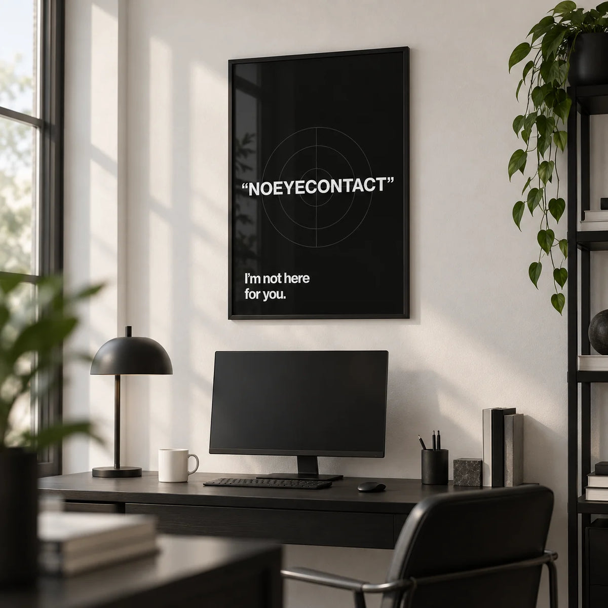 Gym Art, framed on the wall of a minimal home office with a white wall