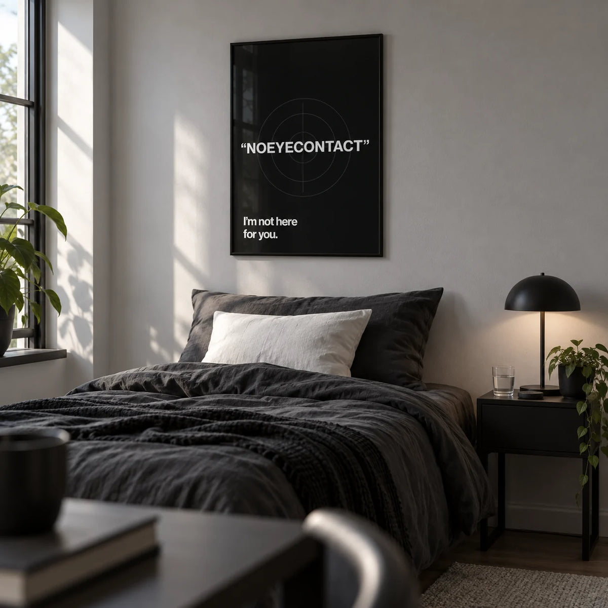 Gym Art, framed on the wall of a minimal young adult's bedroom (18-25) with a light grey wall