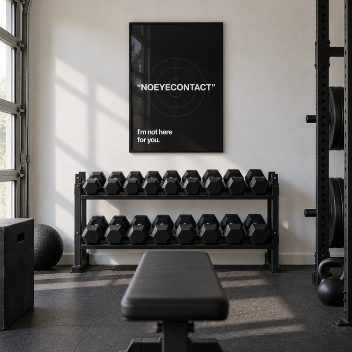 Gym Art, framed on the wall of a well-kept garage gym with a white painted wall and black rubber flooring