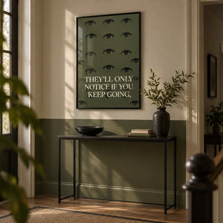 Gym Artwork, framed on the wall of a hallway with a plain olive green painted lower wall and a cream upper wall