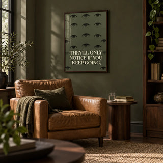 Gym Artwork, framed on the wall of a moody den with a dark olive wall in a living room
