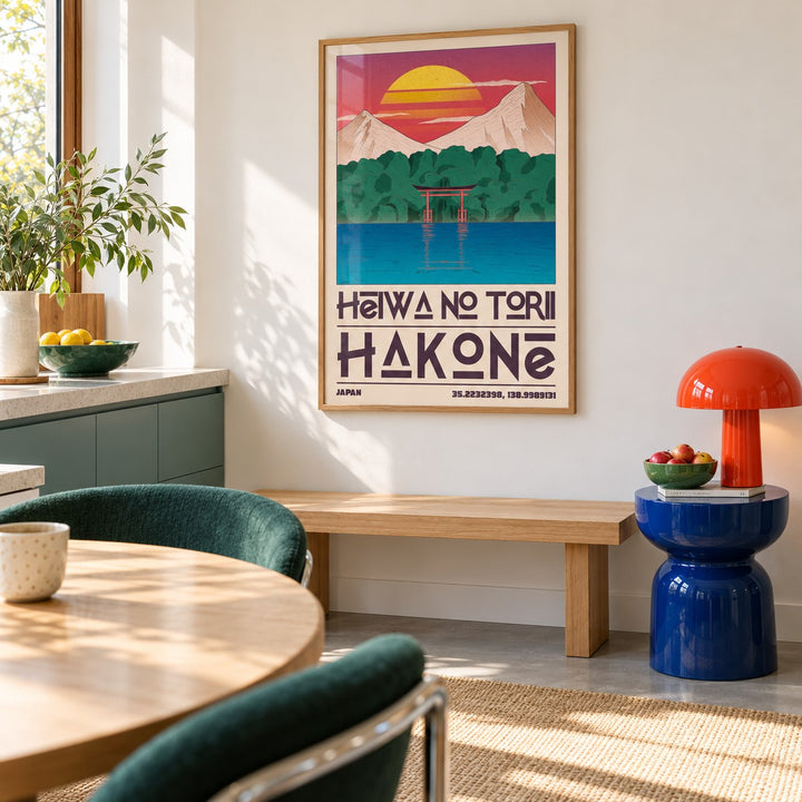 Hakone Poster hung above a breakfast bench in a colourful minimalist kitchen (frame not included)