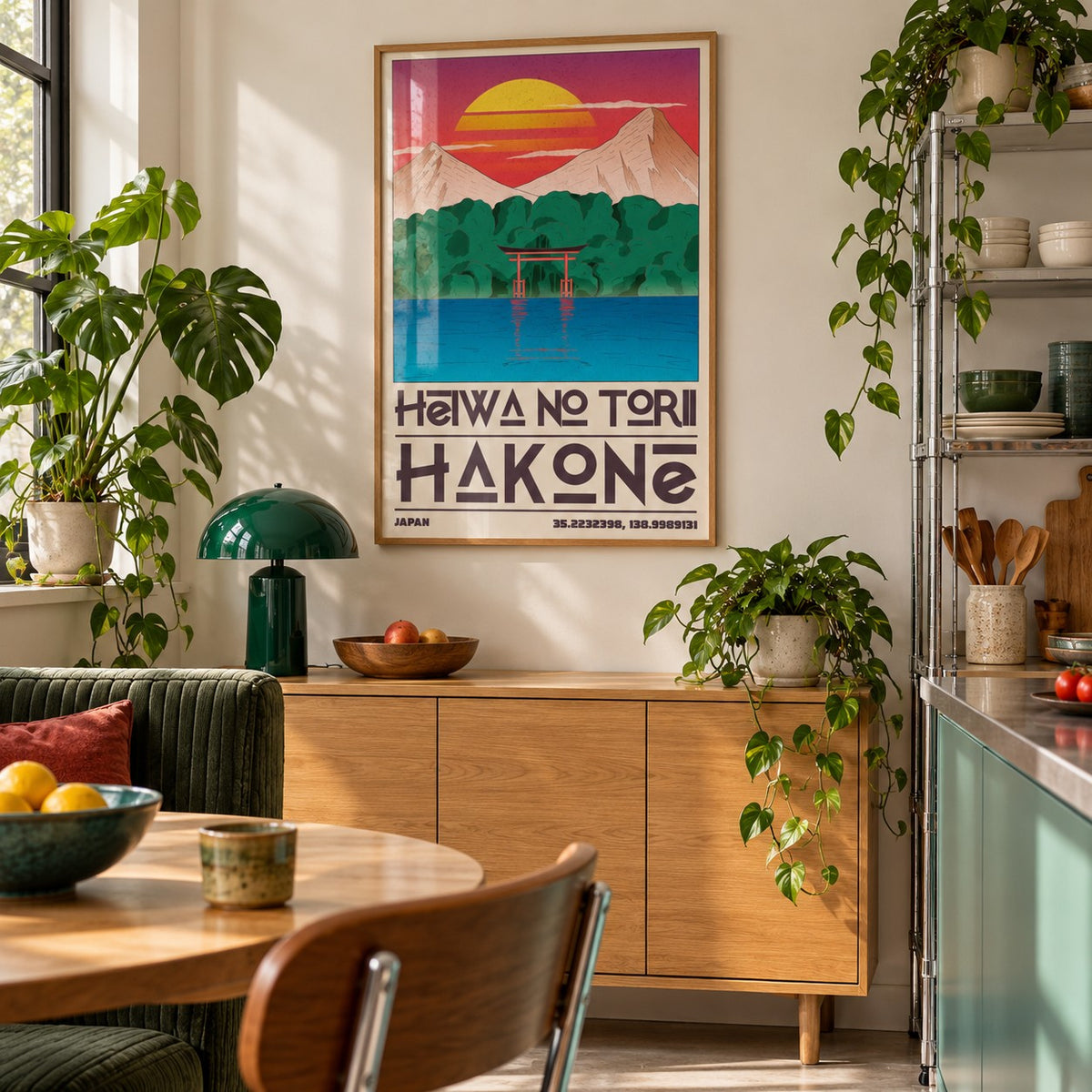 Hakone Poster hung above an oak sideboard in a creative apartment kitchen (frame not included)
