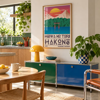 Hakone Poster hung above a retro modular console in a playful kitchen (frame not included)