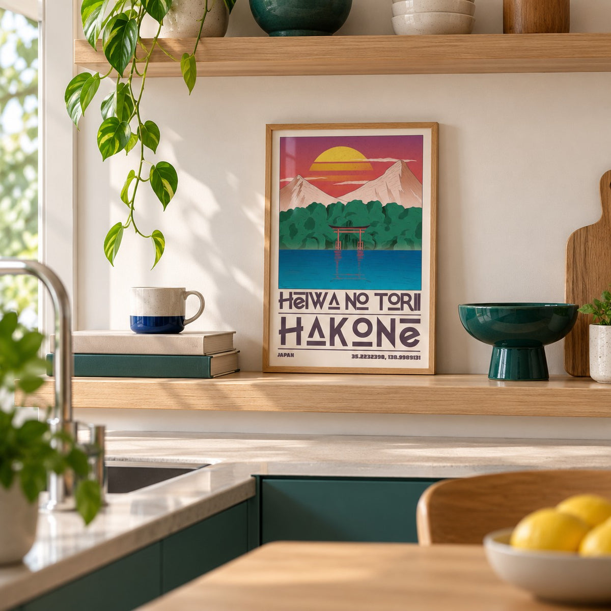 Hakone Poster in the small A4 size, leaning on a kitchen shelf (frame not included)