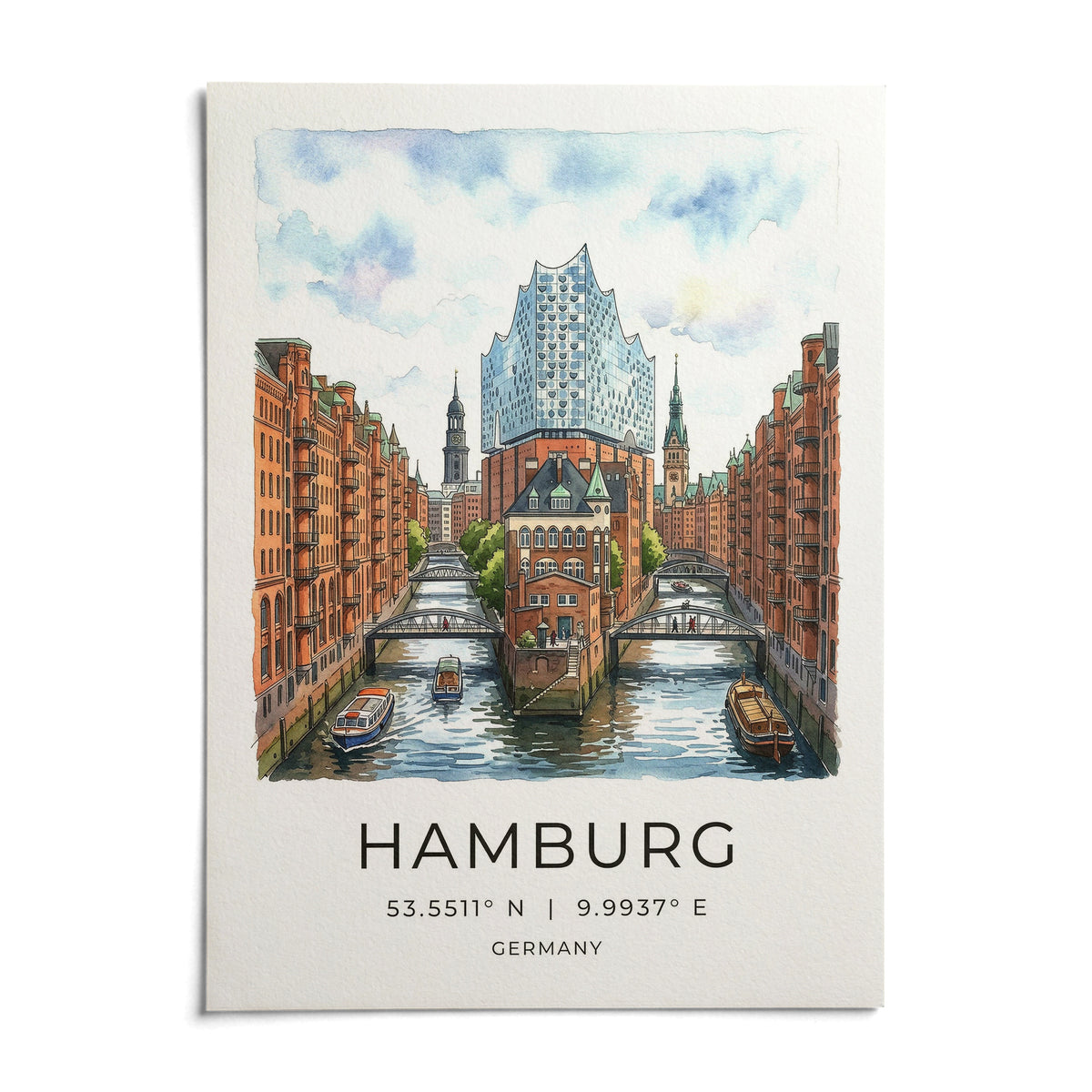 Hamburg Cityscape Art Print, shown as an unframed paper print on a plain white background