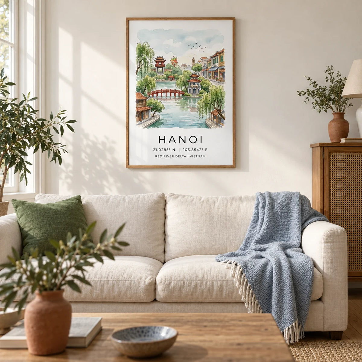 Hanoi Landscape Wall Art, framed on the wall of a calm living room in a UK Victorian terrace with warm white plaster walls