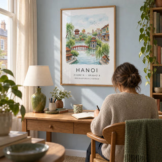 Hanoi Landscape Wall Art, framed on the wall of a peaceful home study in a UK flat with a chalky pale blue wall and plain cream curtains