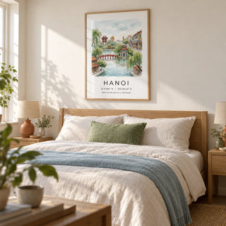 Hanoi Landscape Wall Art, framed on the wall of a restful bedroom in a UK home with warm white walls and a simple oak headboard