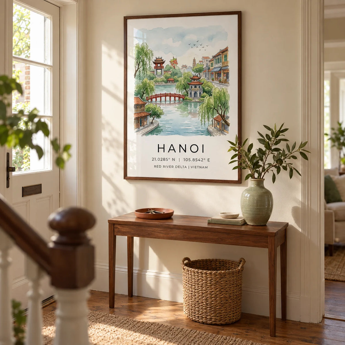 Hanoi Landscape Wall Art, framed on the wall of a welcoming hallway in a UK terraced house with warm ivory walls and original timber floorboards